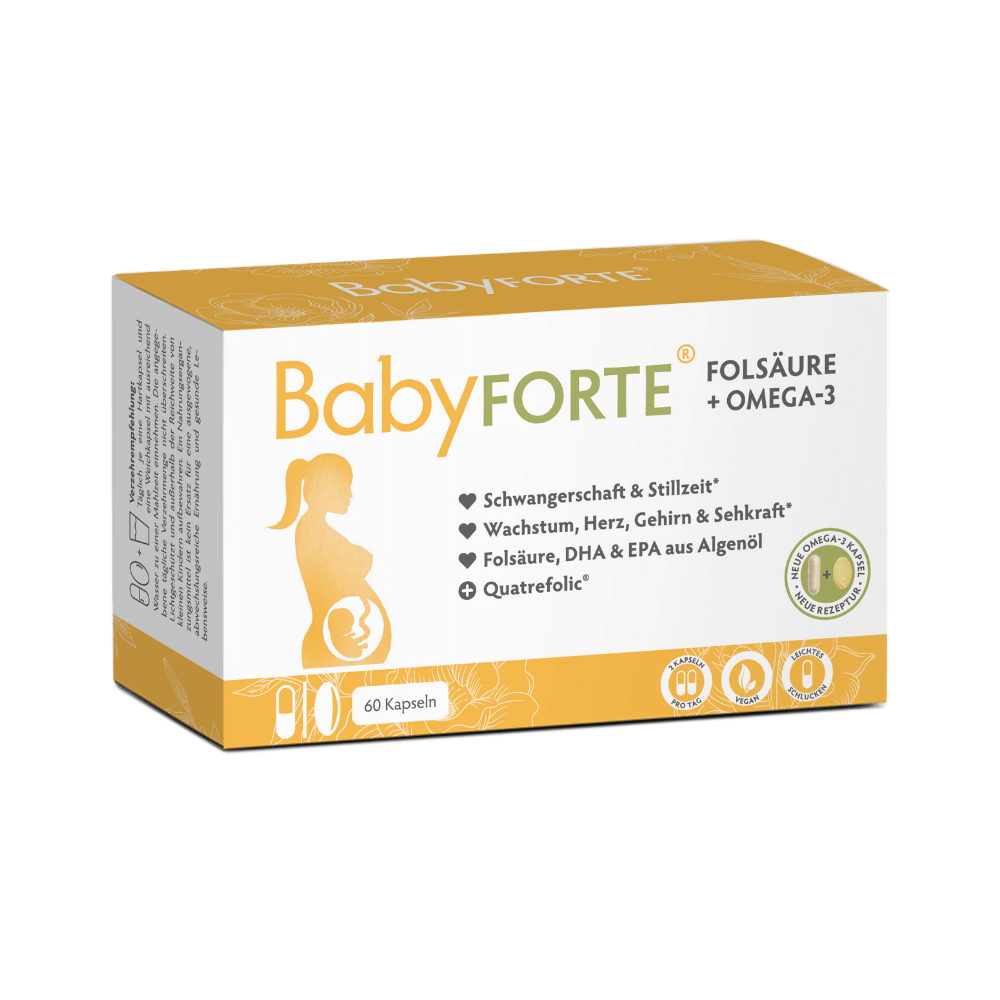 BabyFORTE Folsäure + Omega-3, 60 Kapseln, Vorderseite Verpackung