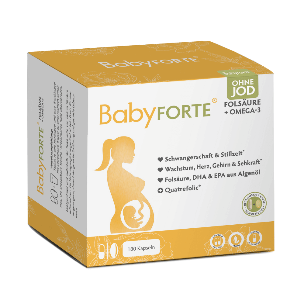 BabyFORTE Folsäure + Omega-3 ohne Jod, 180 Kapseln, Vorderseite Verpackung