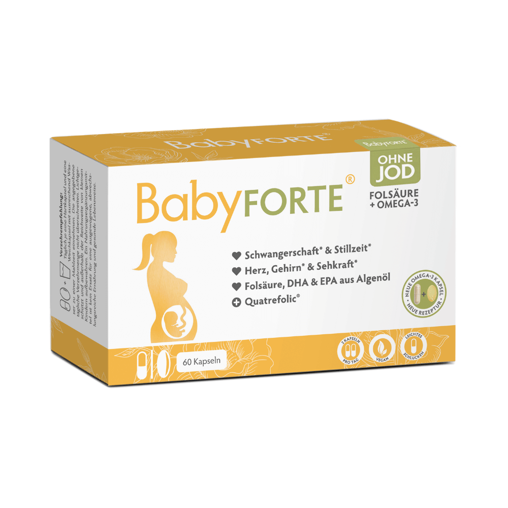 BabyFORTE Folsäure + Omega-3 ohne Jod, 60 Kapseln, Vorderseite Verpackung