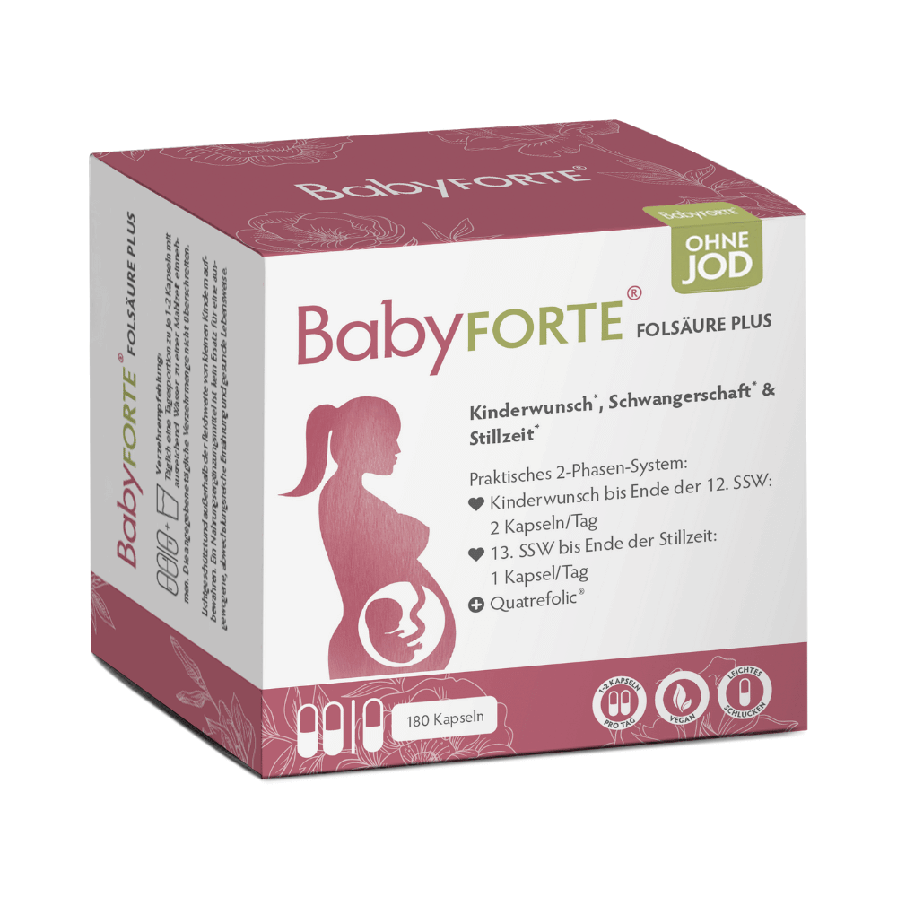 BabyFORTE FolsäurePlus ohne Jod, 180 Kapseln, Vorderseite Verpackung