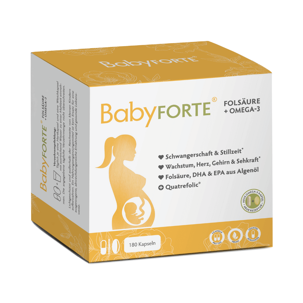 BabyFORTE Folsäure + Omega-3, 180 Kapseln, Vorderseite Verpackung